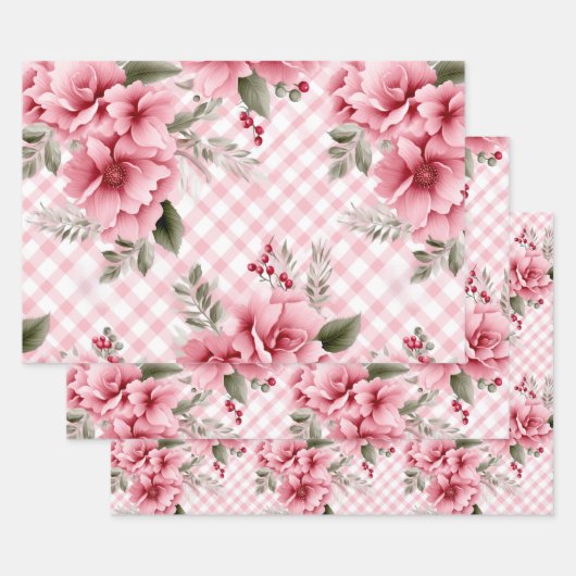 Roze Gingham Bloemen Kerstbessen Inpakpapier Vel (Set)