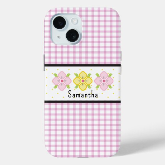 Roze Gingham Bloemen Monogram Case-Mate iPhone Case (Achterkant)