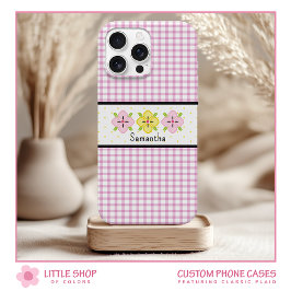 Roze Gingham Bloemen Monogram iPhone 15 Case