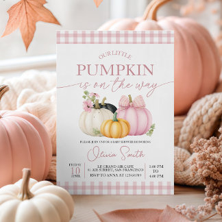 Roze Gingham Bloemen Pompoen Baby Shower Uitnodigi Kaart