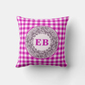 Roze Gingham Bloemen Roos Krans Monogram Initiaal Kussen (Achterkant)