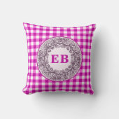 Roze Gingham Bloemen Roos Krans Monogram Initiaal Kussen (Voorkant)