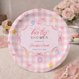 Roze Gingham Bloemen Strik Baby Shower Papieren Bo Bordje