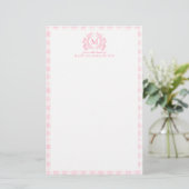 Roze Gingham Bloemenkroon Monogram Briefpapier (Staand voorkant)