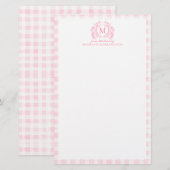 Roze Gingham Bloemenkroon Monogram Briefpapier (Voorkant / Achterkant)
