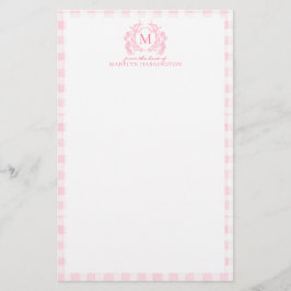 Roze Gingham Bloemenkroon Monogram Briefpapier