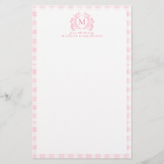 Roze Gingham Bloemenkroon Monogram Briefpapier (Voorkant)