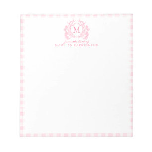 Roze Gingham Bloemenkroon Monogram Notitieblok