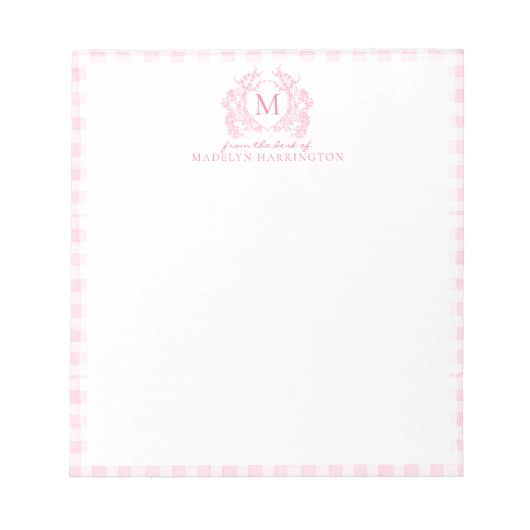 Roze Gingham Bloemenkroon Monogram Notitieblok (Voorkant)