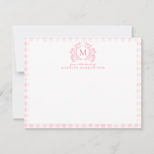 Roze Gingham Bloemenkroon Monogram Notitiekaartje (Voorkant)