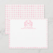 Roze Gingham Bloemenkroon Monogram Notitiekaartje (Voorkant / Achterkant)