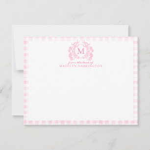 Roze Gingham Bloemenkroon Monogram Notitiekaartje