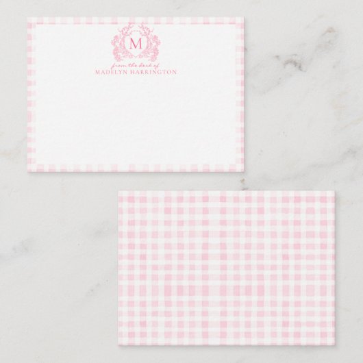 Roze Gingham Bloemenkroon Monogram Notitiekaartje (Voorkant / Achterkant)
