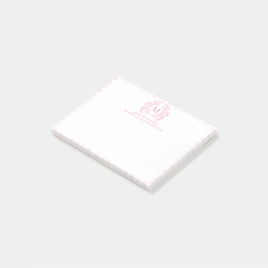 Roze Gingham Bloemenkroon Monogram Post-it® Notes (Schuin)
