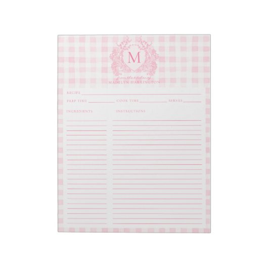 Roze Gingham Bloemenkroon Monogram Recept Notitieblok (Linkerzijde)