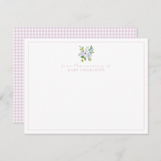 Roze gingham bloemenkwekerij baby briefkaart (Voorkant / Achterkant)
