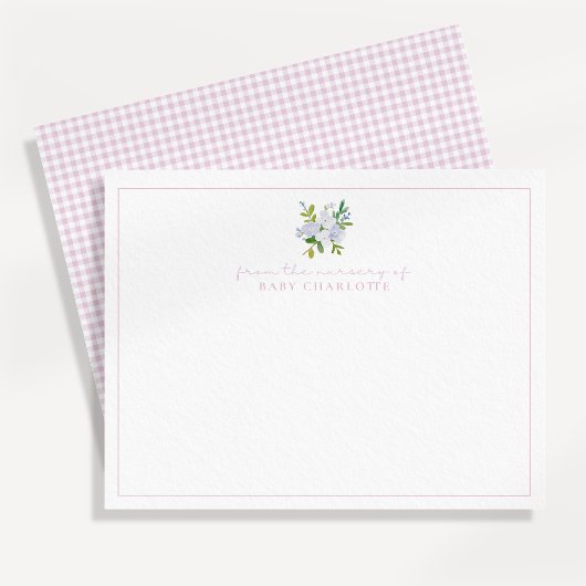 Roze gingham bloemenkwekerij baby briefkaart