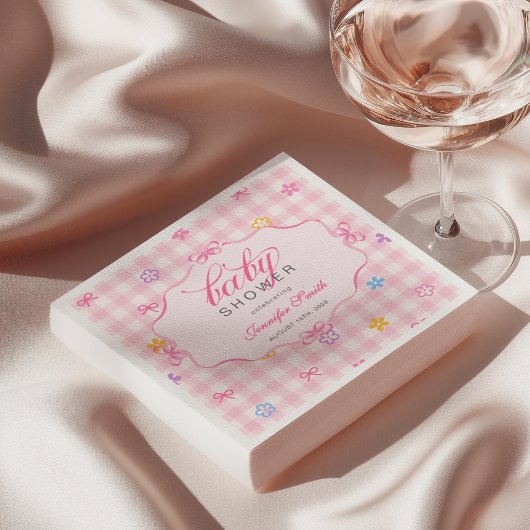 Roze Gingham Bloemenslint Babyshower Servetten