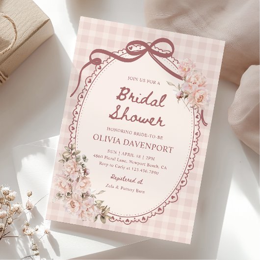 Roze Gingham Bloemige Coquette Bruiloft Feest Kaart