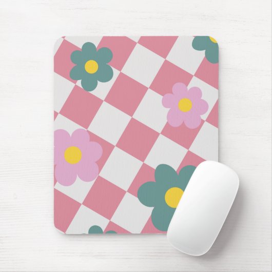 Roze Gingham Bloemmotief – Retro Cute Bloem Muismat (Met muis)