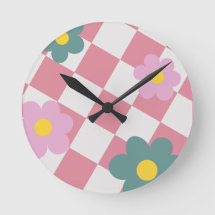 Roze Gingham Bloemmotief – Retro Cute Bloem Ronde Klok