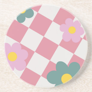 Roze Gingham Bloemmotief – Retro Cute Bloem Zandsteen Onderzetter