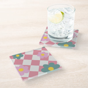 Roze Gingham Bloemmotief – Retro Mooie Bloem  Glazen Onderzetter
