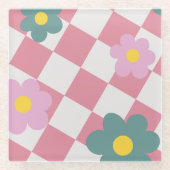 Roze Gingham Bloemmotief – Retro Mooie Bloem Glazen Onderzetter (Voorkant)