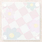 Roze Gingham Bloemmotief – Retro Mooie Bloem Glazen Onderzetter (Achterkant)