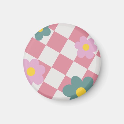 Roze Gingham Bloemmotief – Retro Mooie Bloem Magneet (Voorkant)