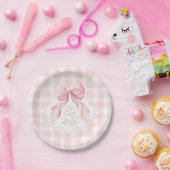 Roze Gingham Blush Strik Babyshower Papieren Bordje (Feest)