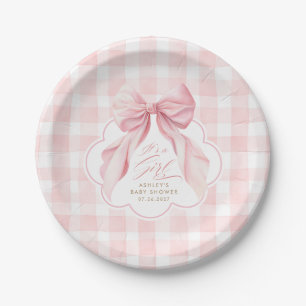 Roze Gingham Blush Strik Babyshower Papieren Bordje