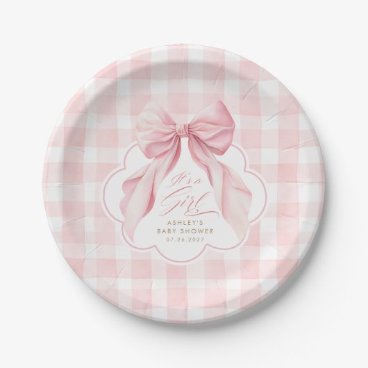 Roze Gingham Blush Strik Babyshower Papieren Bordje (Voorkant)