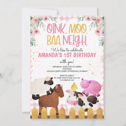 Roze Gingham Boerderij Dieren Meisje Verjaardag Ba Kaart (Voorkant)