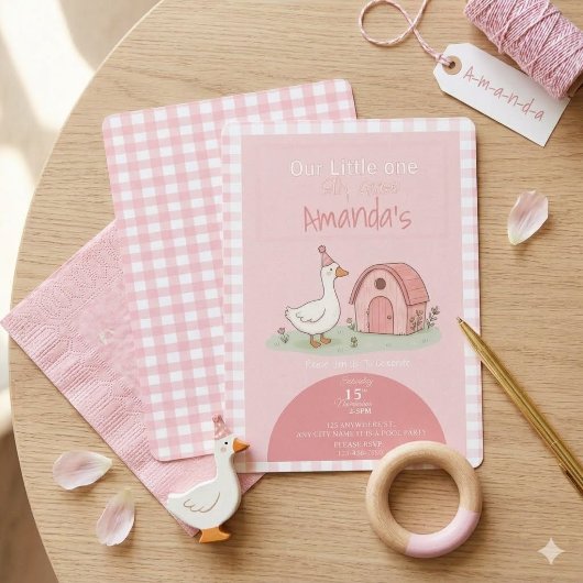 Roze Gingham Boerderij Kinderverjaardag Kaart