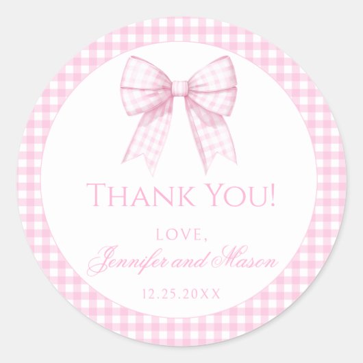Roze gingham boog baby meisje douche dank u ronde sticker (Voorkant)