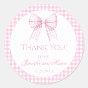 Roze gingham boog baby meisje douche dank u ronde sticker