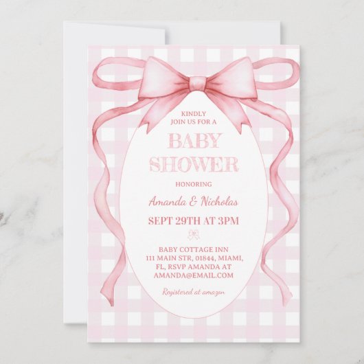 Roze Gingham Bow Baby Meisje Douche Kaart (Voorkant)
