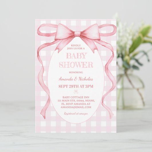 Roze Gingham Bow Baby Meisje Douche Kaart (Staand voorkant)