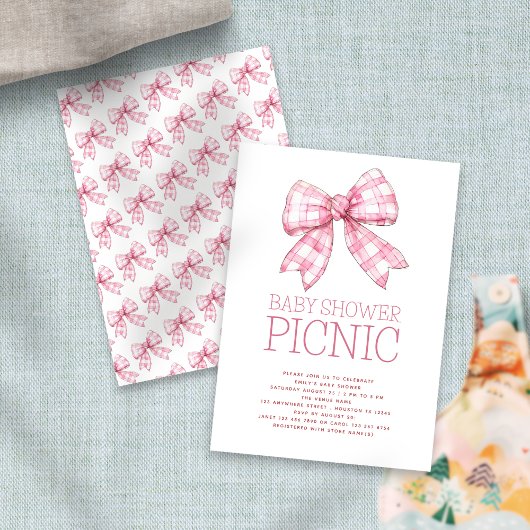 Roze Gingham Bow Baby shower Picnic Kaart