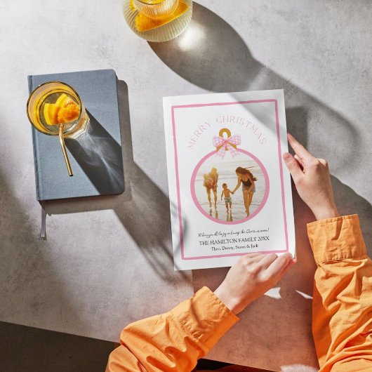 Roze Gingham Bow Coquette Kerstmis Fotokaart Feestdagenkaart