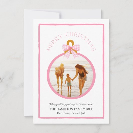 Roze Gingham Bow Coquette Kerstmis Fotokaart Feestdagenkaart (Voorkant)