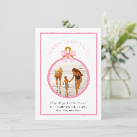 Roze Gingham Bow Coquette Kerstmis Fotokaart Feestdagenkaart (Staand voorkant)
