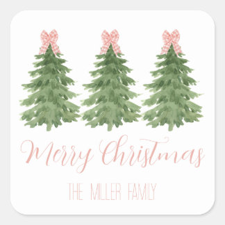 Roze Gingham Bow Kerstboom Sticker Gift Label