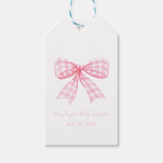 Roze Gingham Bow Ribbon Coquette gepersonaliseerd Cadeaulabel (Voorkant)