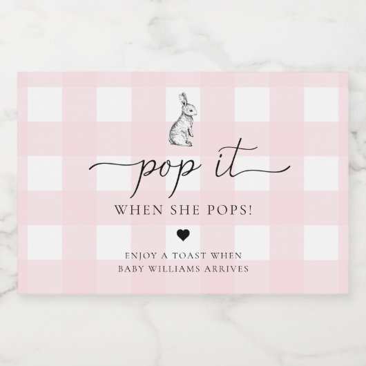 Roze Gingham Bunny Rabbit Pop het als ze Pop Sparkling Wijnetiket (Enkel label)