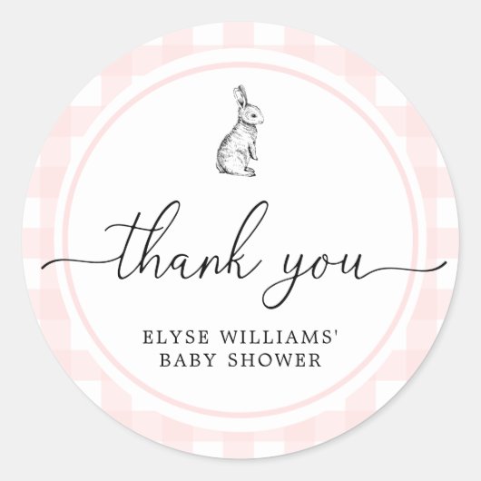 Roze Gingham Bunny Rabbit Shower Favor Sticker (Voorkant)