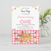 Roze Gingham Bunting Foto Picknick 1e Verjaardag Kaart (Staand voorkant)