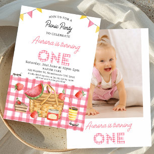 Roze Gingham Bunting Foto Picknick 1e Verjaardag Kaart