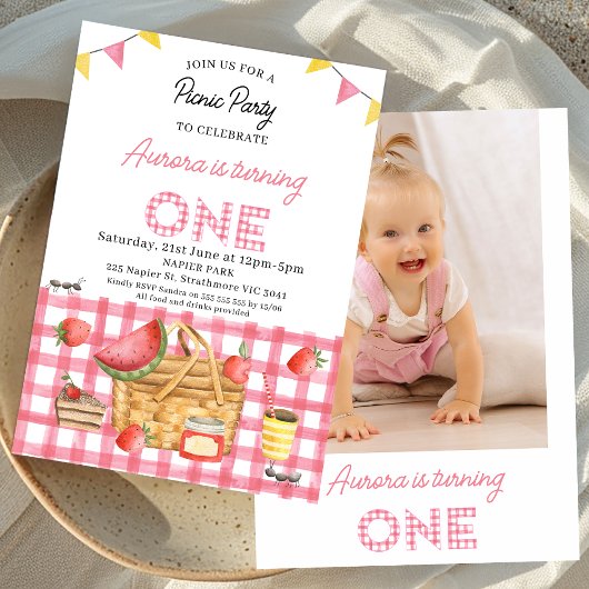 Roze Gingham Bunting Foto Picknick 1e Verjaardag Kaart